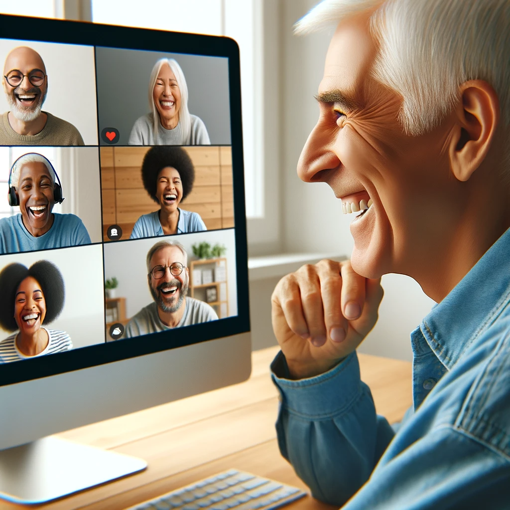 DALL·E 2023-11-23 10.33.31 - A graphic of a smiling older man looking at a computer screen. On the screen, there are several laughing, smiling people, as if they are participating