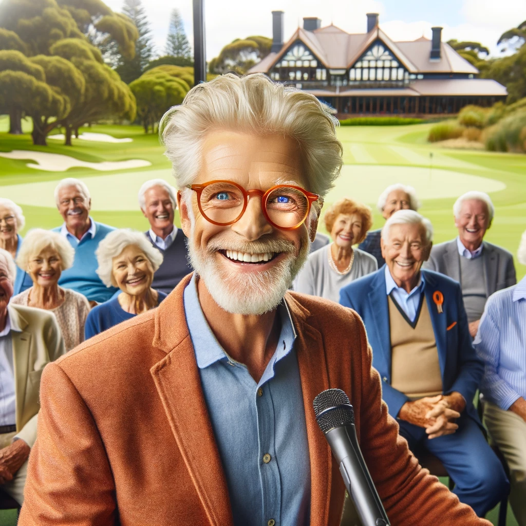 DALL·E 2023-12-15 07.12.06 - A happy group of older people gathered at the Kew Golf Club in Melbourne. The focus is on a speaker at a podium, an older Caucasian man with blue eyes