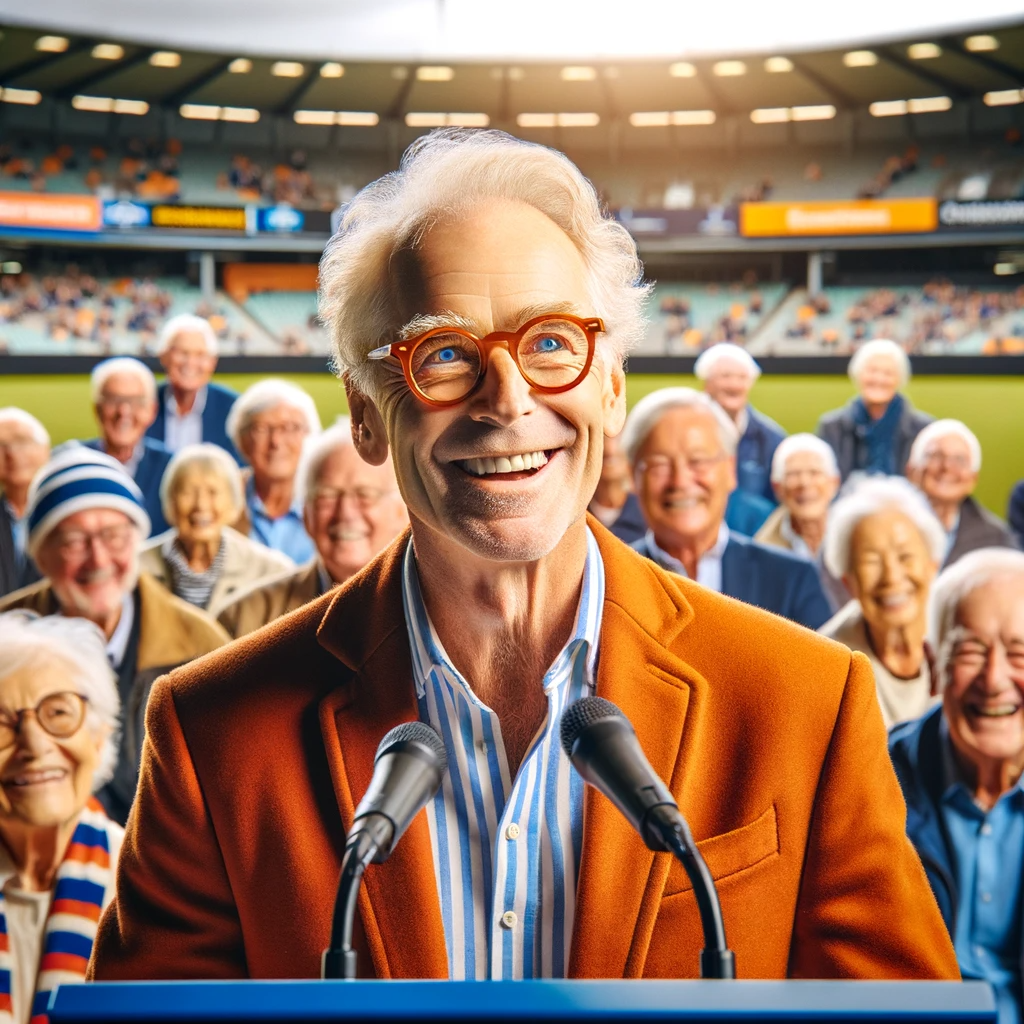 DALL·E 2023-12-15 07.15.46 - A happy group of older people gathered at the Windy Hill Football Ground in Essendon. The focus is on a speaker at a podium, an older Caucasian man wi