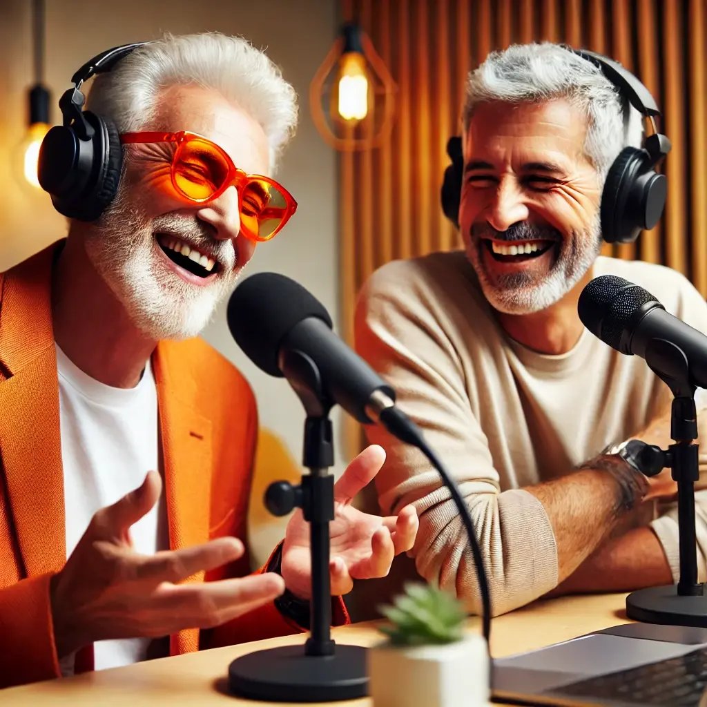 DALL·E 2024-09-10 06.14.03 - Two joyful older men behind microphones, engaging in a lively podcast conversation. One man is wearing an orange blazer and orange spectacles, and the